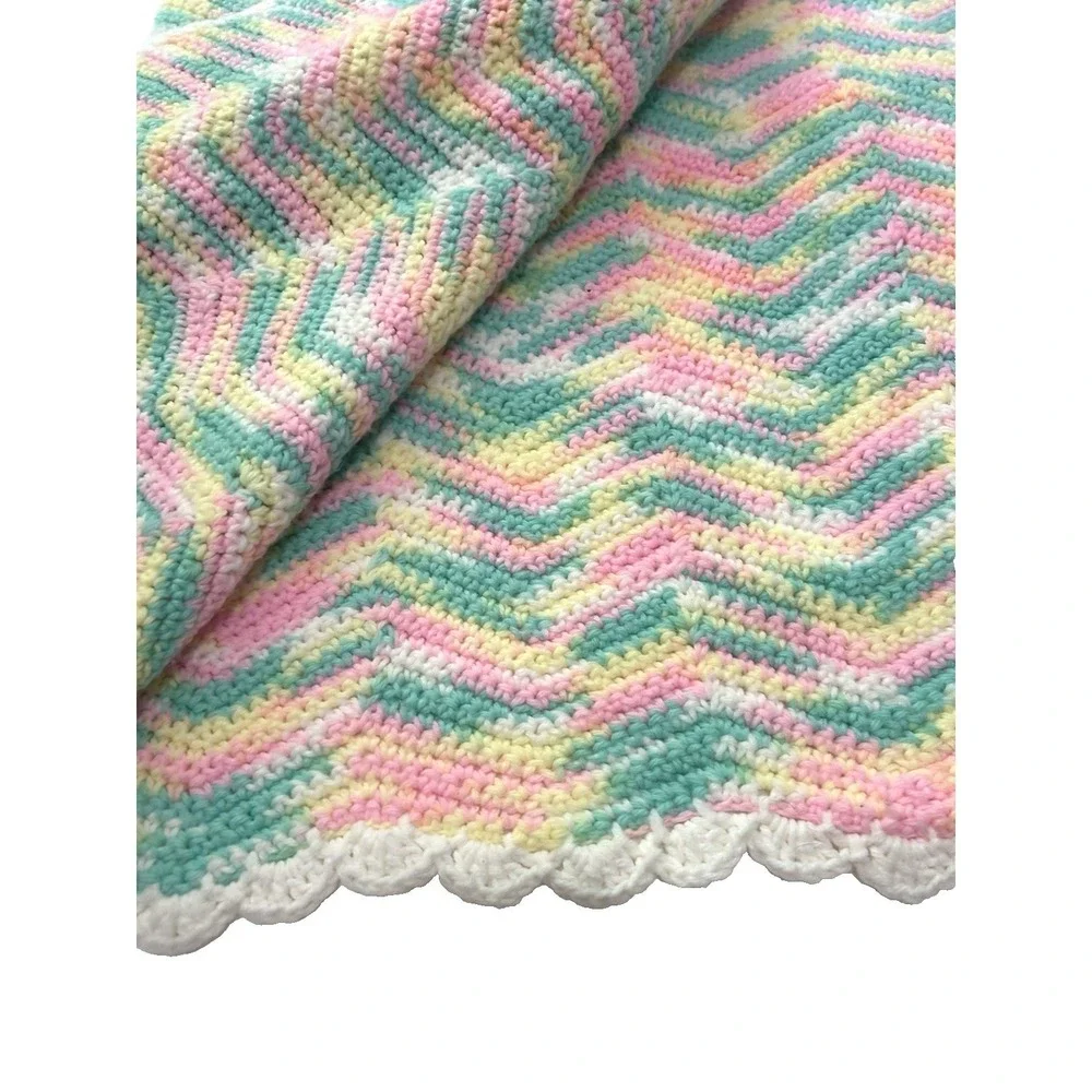 Handmade Chevron Knit Baby Blanket Pink Mint Yellow Scalloped Grannycore Cottage